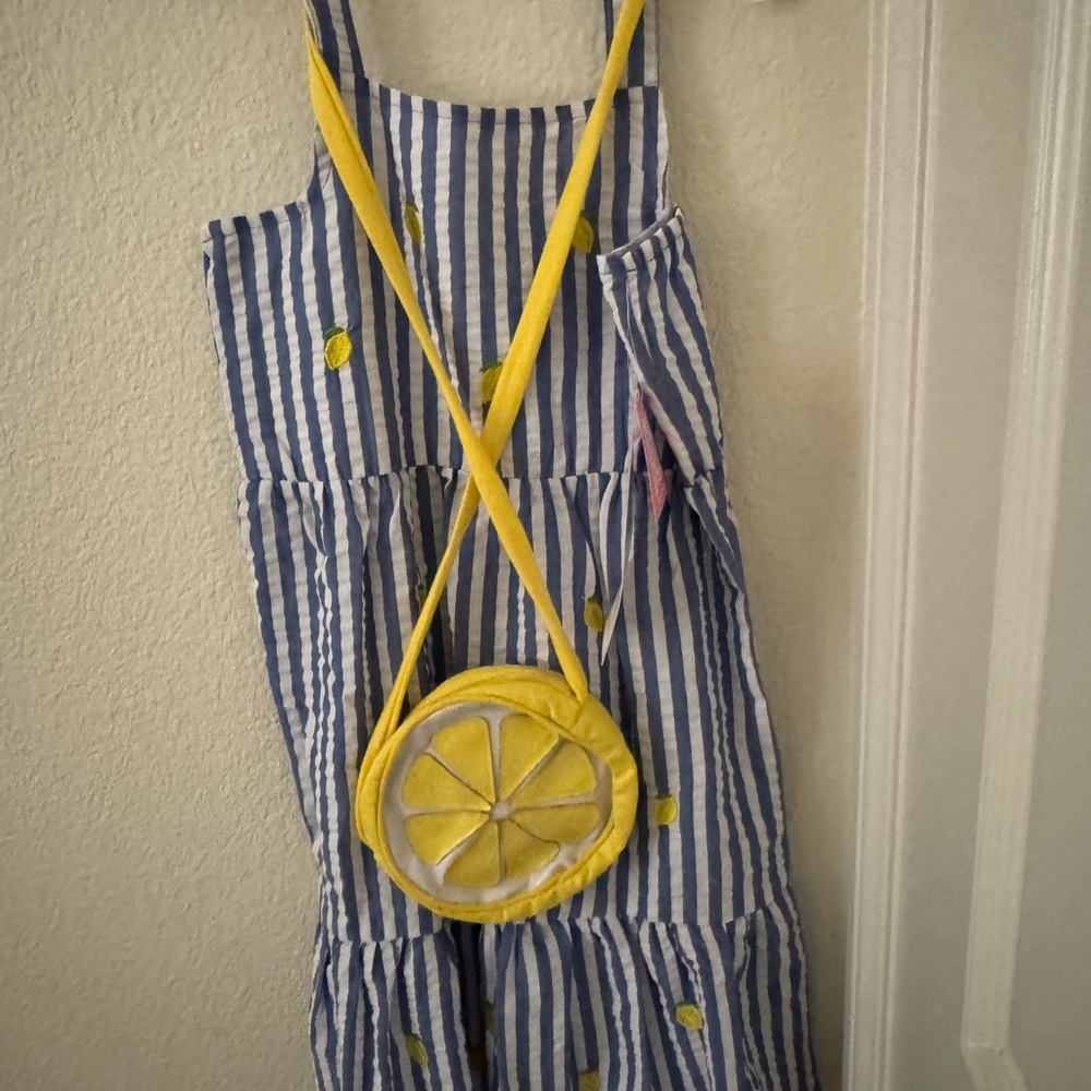 Striped Blue and Yellow Kids Dress with Lemon Purse